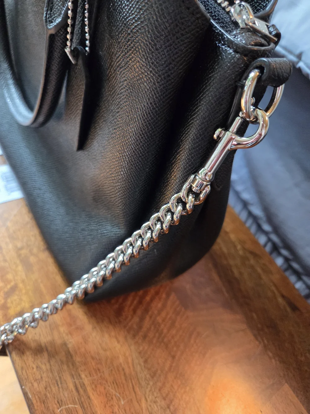Coach Black Saffiano Leather Satchel with Silver Chain Strap
